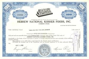 Hebrew National Kosher Foods, Inc - 1968-69 dated Stock Certificate