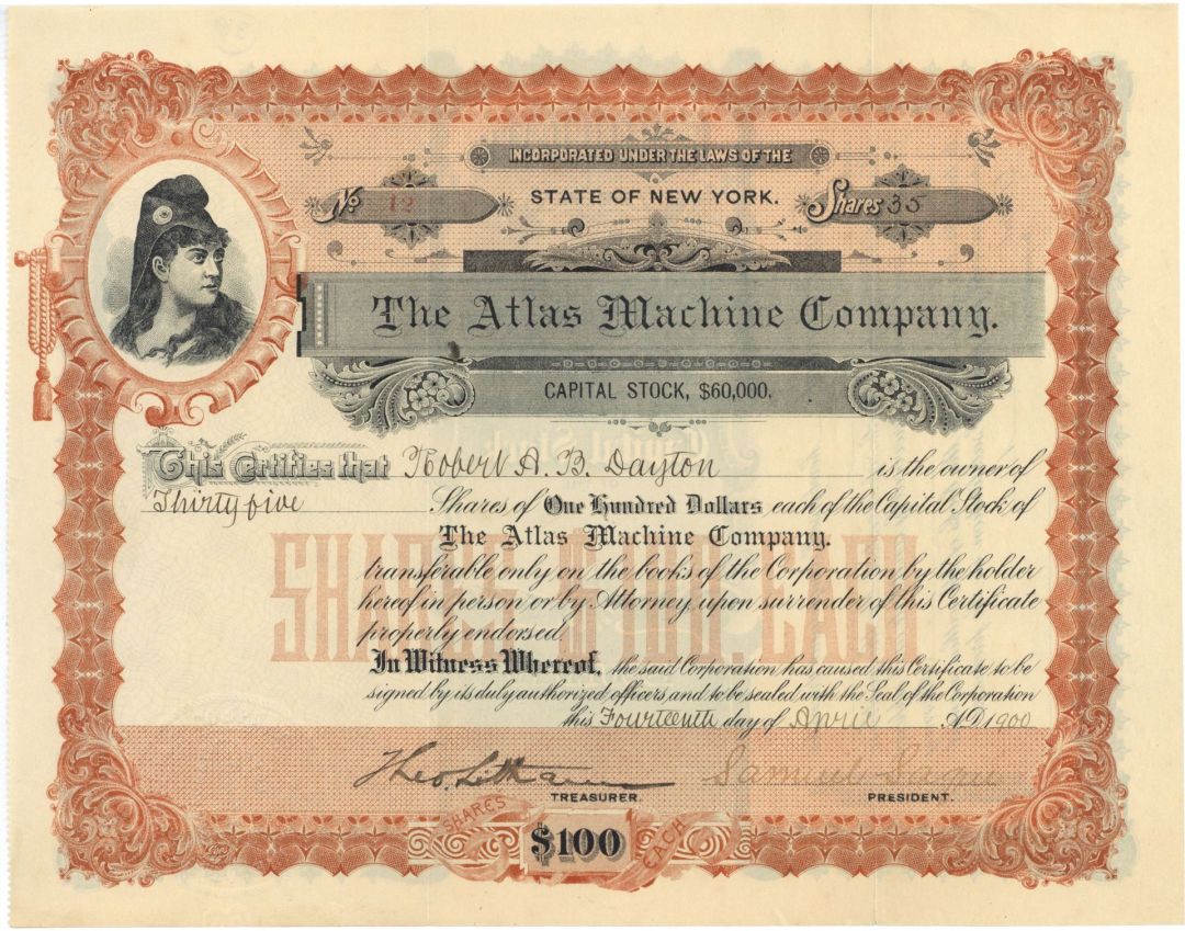 Atlas Machine Co. - 1900 dated Stock Certificate - Manufacturer of Boots and Shoes