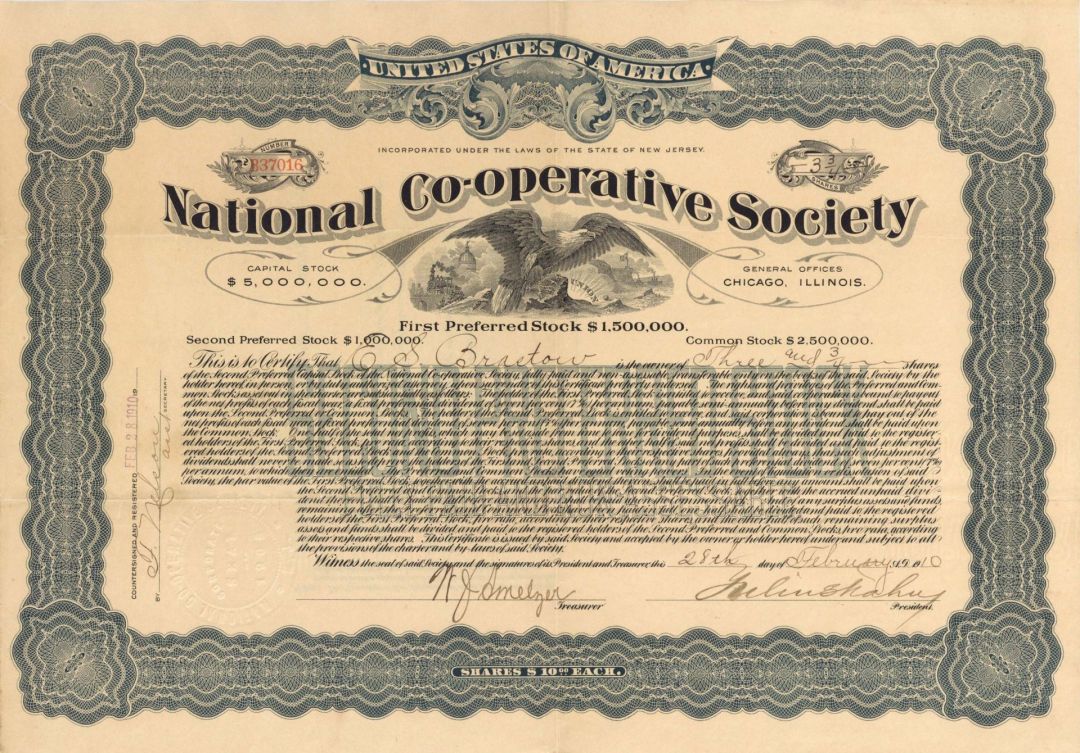 National Co-Operative Society - 1910 dated Stock Certificate