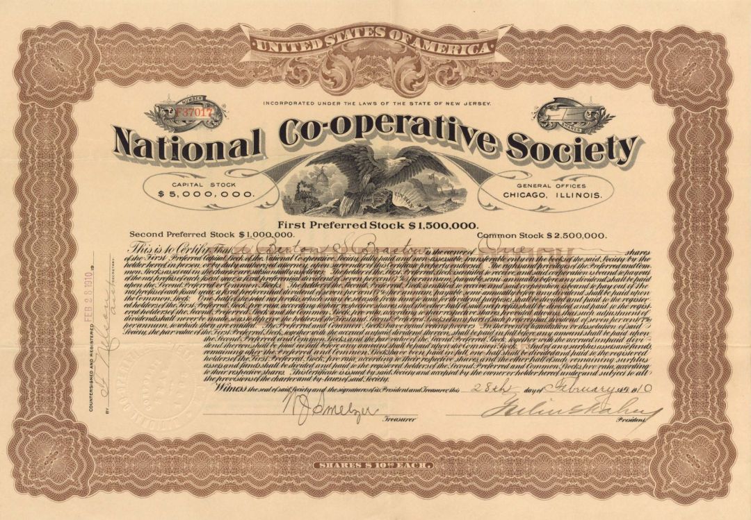National Co-Operative Society - 1910 dated Stock Certificate