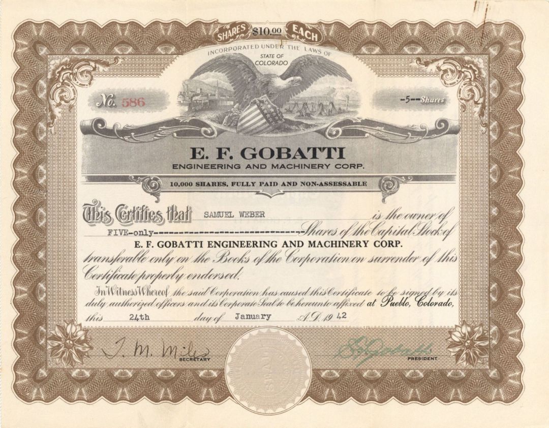 E.F. Gobatti - 1942 dated Stock Certificate
