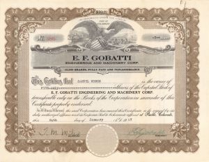 E.F. Gobatti - 1942 dated Stock Certificate