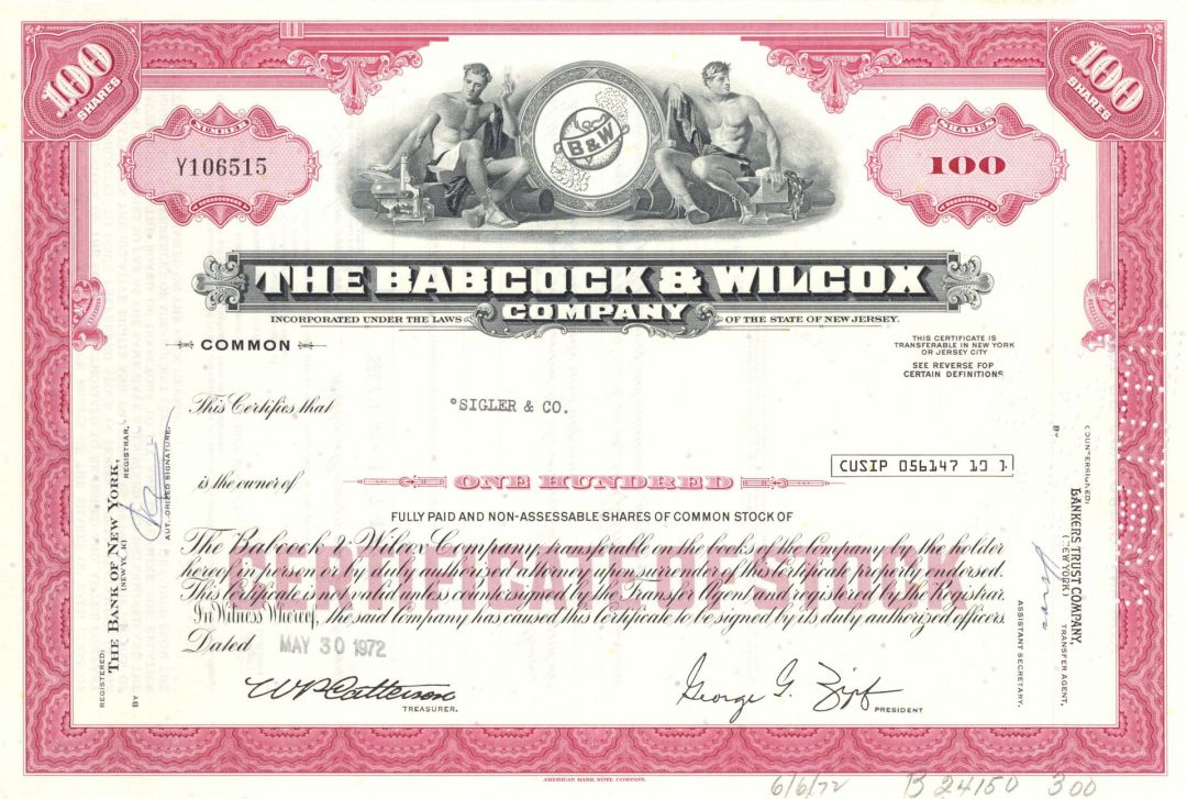 Babcock and Wilcox Co. - 1940's-70's dated Stock Certificate - Energy Technology and Service Provider