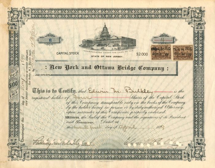 New York and Ottawa Bridge Co. - 1899 dated Railroad Bridge Stock Certificate
