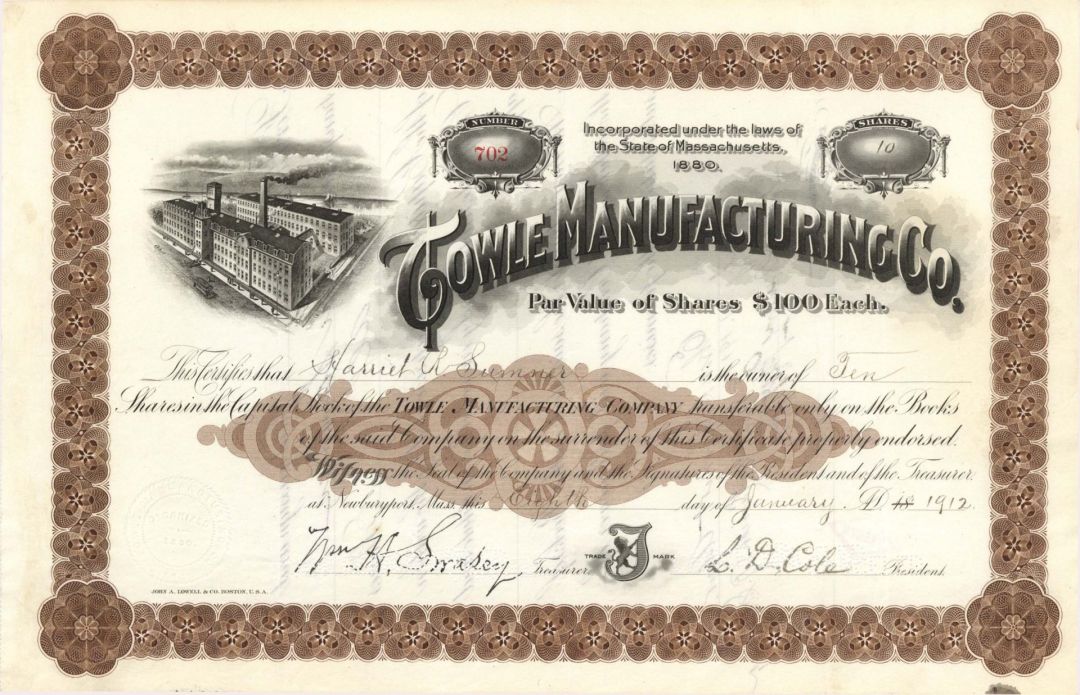 Towle Manufacturing Co. - 1907-1912 dated Stock Certificate