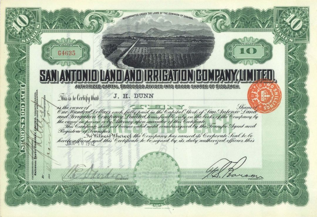 San Antonio Land and Irrigation Co., Limited - 1911 or 1912 dated Stock Certificate