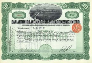 San Antonio Land and Irrigation Co., Limited - 1911 or 1912 dated Stock Certificate