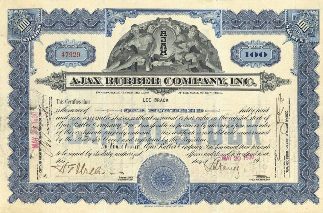 Ajax Rubber Co., Inc. - 1926 or 1930 dated Stock Certificate - Only Blue Type Available