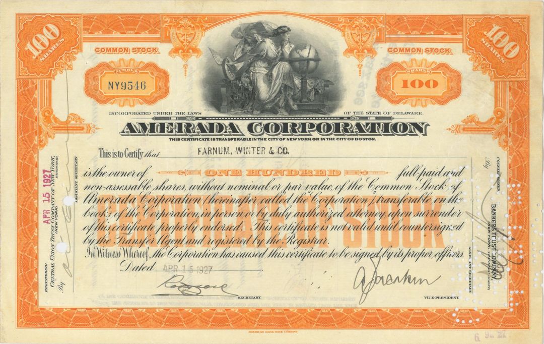 Amerada Corp. - 1926 or 1927 dated Stock Certificate