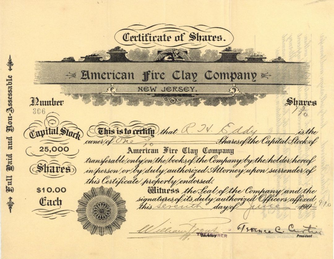 American Fire Clay Co. - 1910 Stock Certificate