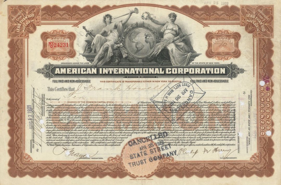American International Corporation - Investment Trust Co. Stock Certificate