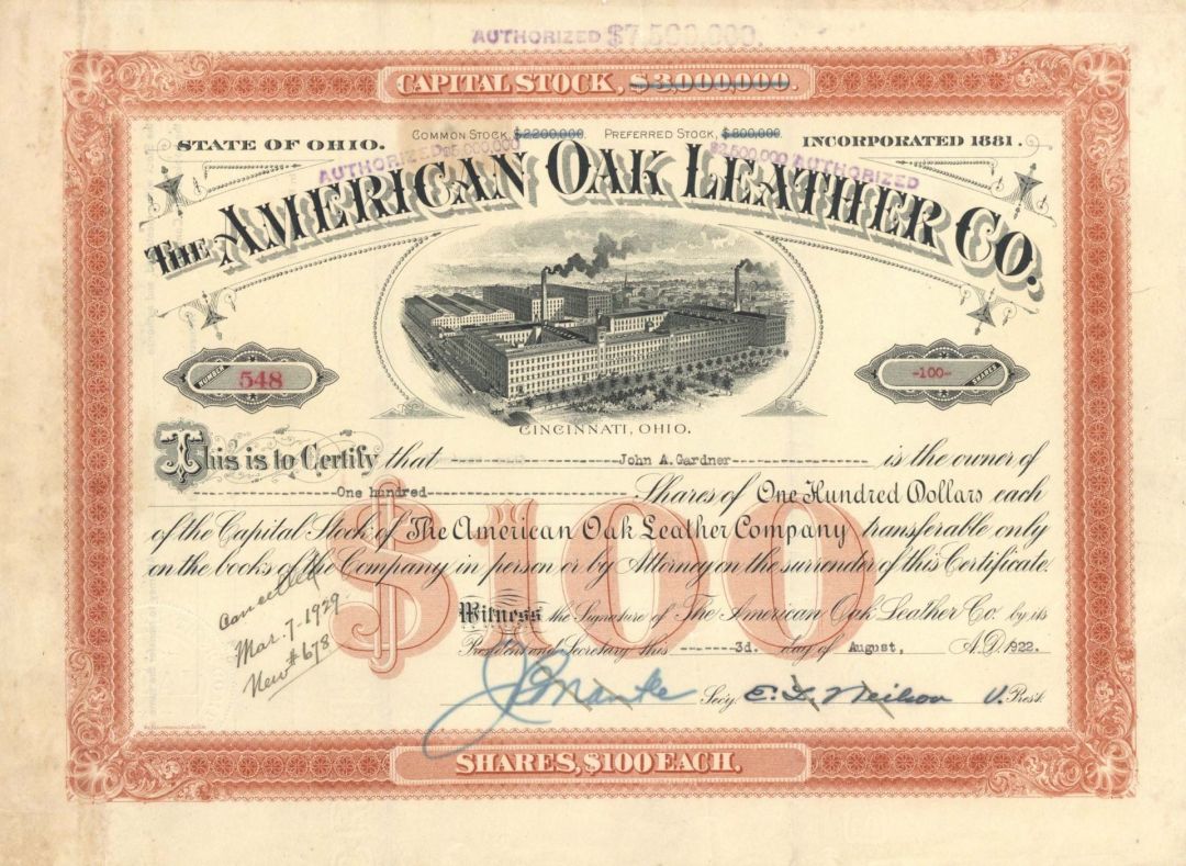 American Oak Leather Co. - 1910-1922 dated Stock Certificate