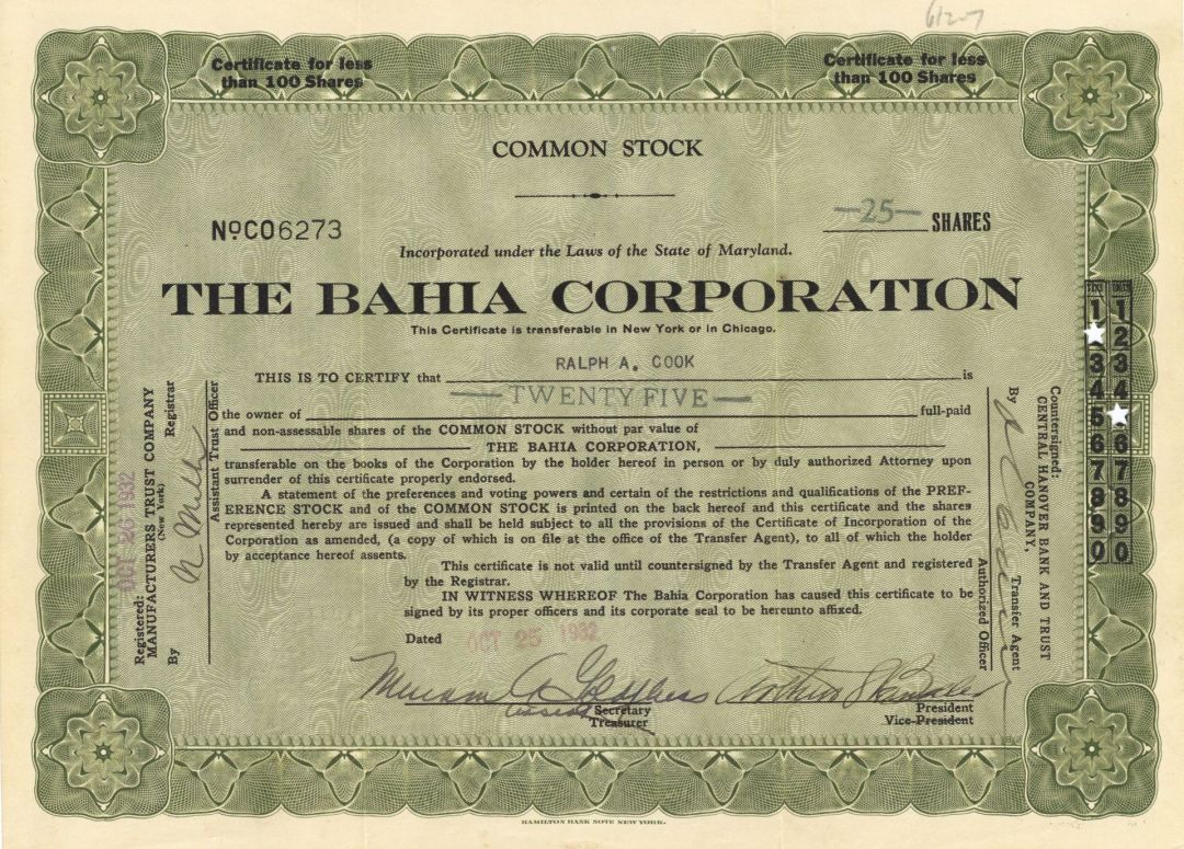Bahia Corporation - 1932 dated Stock Certificate