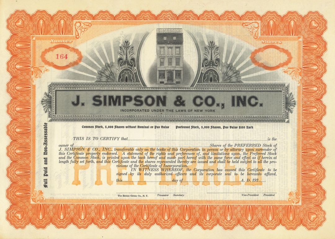 J. Simpson and Co., Inc - Stock Certificate