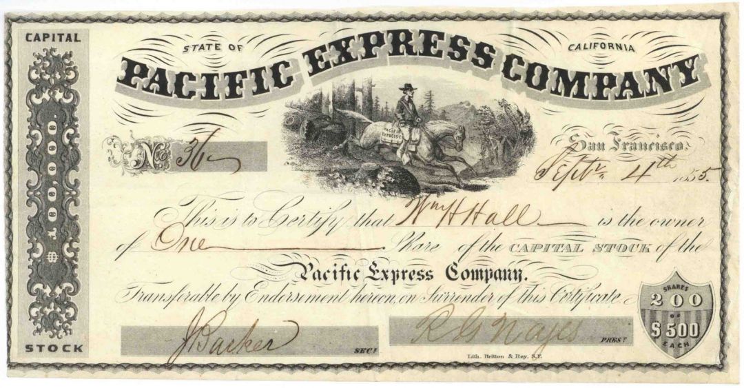 Pacific Express Co. - Unique Vignette Stock Certificate - Express Rider on Horseback