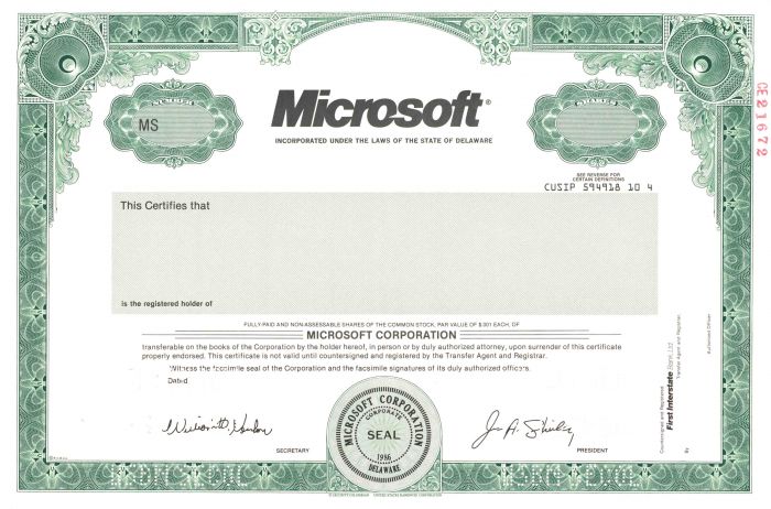 Microsoft Corporation - 2003 dated Specimen Certificate