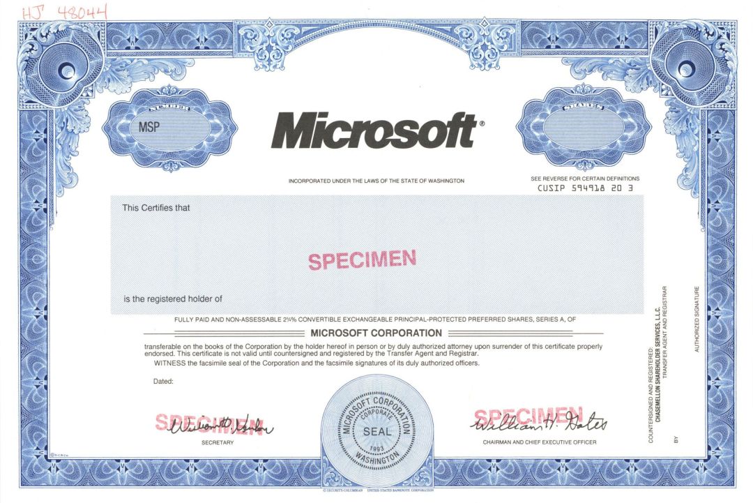 Microsoft Corporation - Printed Signature of William "Bill" H. Gates III - Specimen Certificate