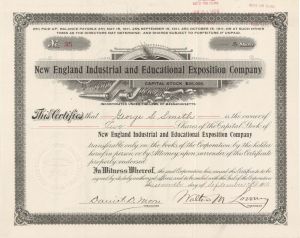 New England Industrial and Educational Exposition Co. - 1910 dated Stock Certificate