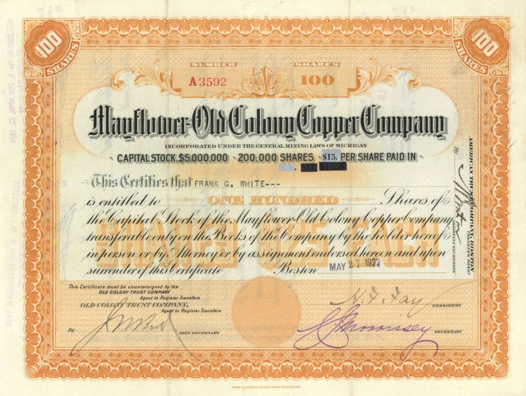 Mayflower-Old Colony Copper Co. - Stock Certificate