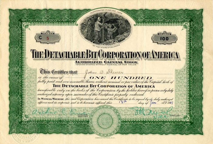 Detachable Bit Corporation of America - Stock Certificate
