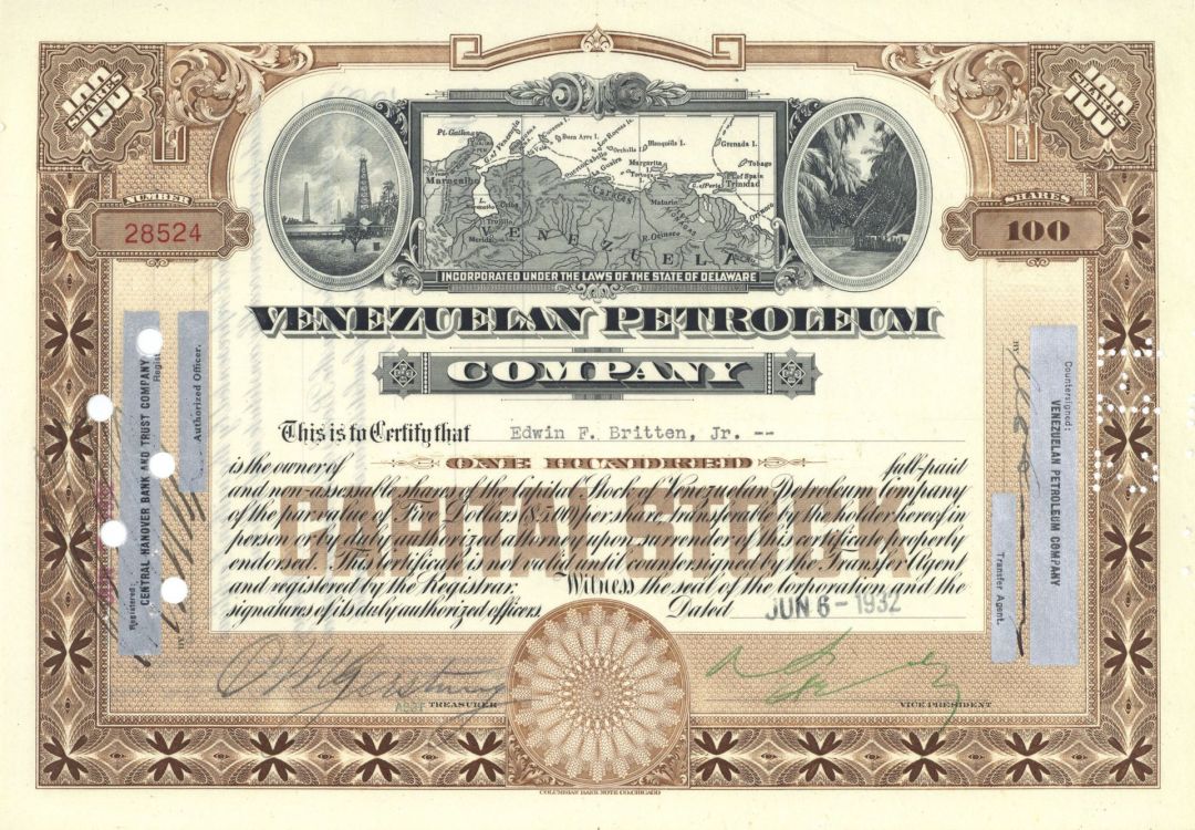 Venezuelan Petroleum Co. - 1932 dated Oil Stock Certificate - Rare Brown Color - Triple Vignette with Map of Venezuelan Coast