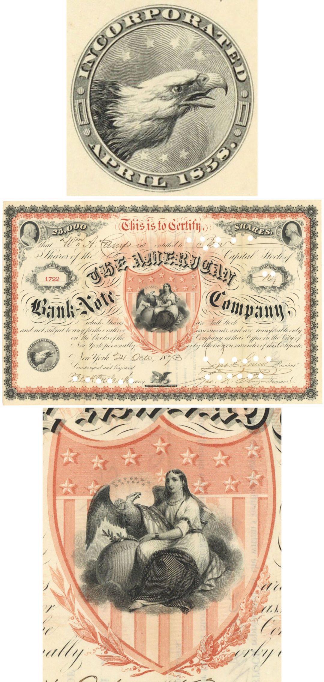 American Bank Note Co. - ABNCO - Fantastic Condition - 1873 dated Stock Certificate