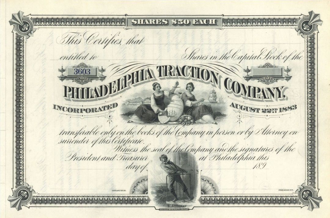 Philadelphia Traction Co. - Unissued Stock Certificate