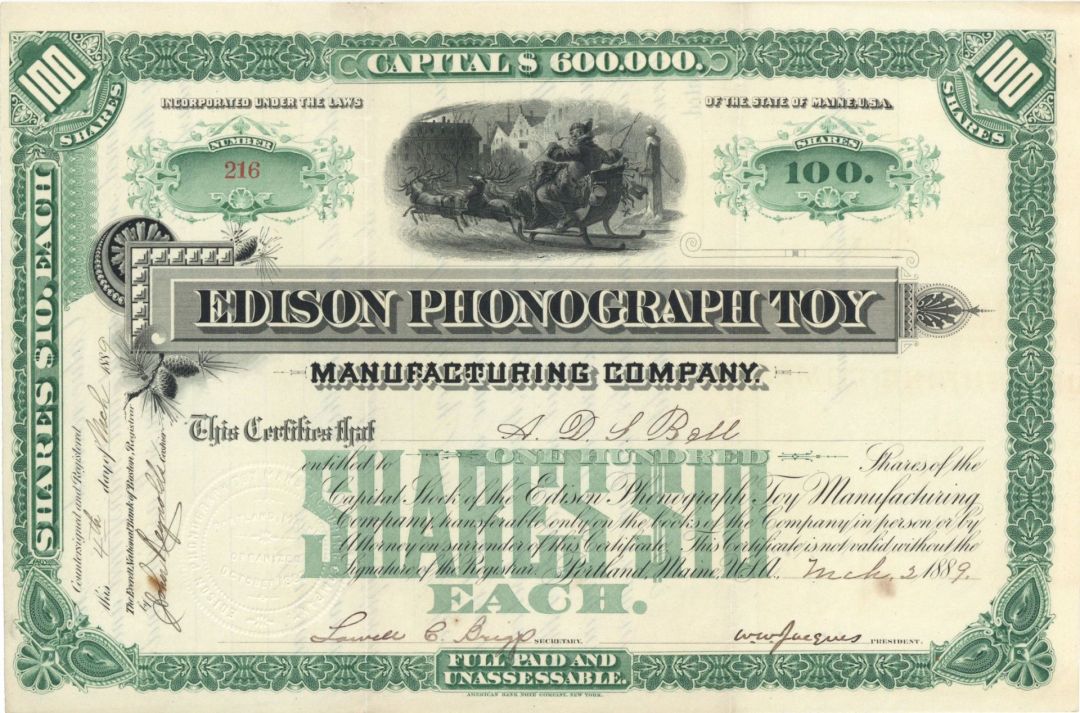 Edison Phonograph Toy Manufacturing Co. - 1889 dated Maine Toy Company