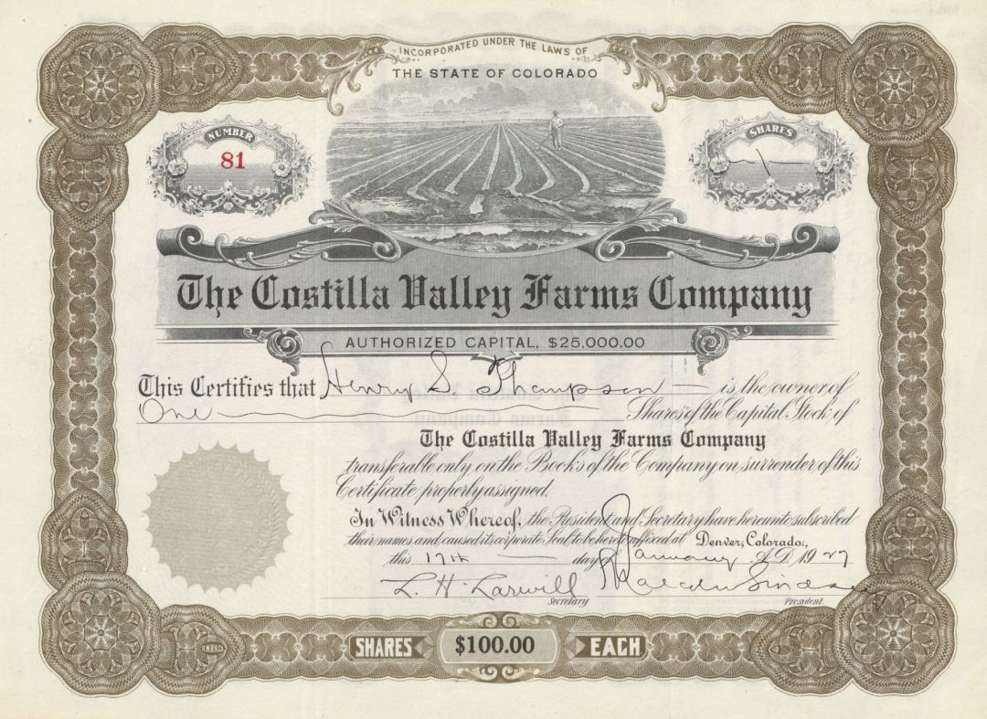 Costilla Valley Farms Co. - San Acacio, Colorado Area - 1926-27 dated Stock Certificate