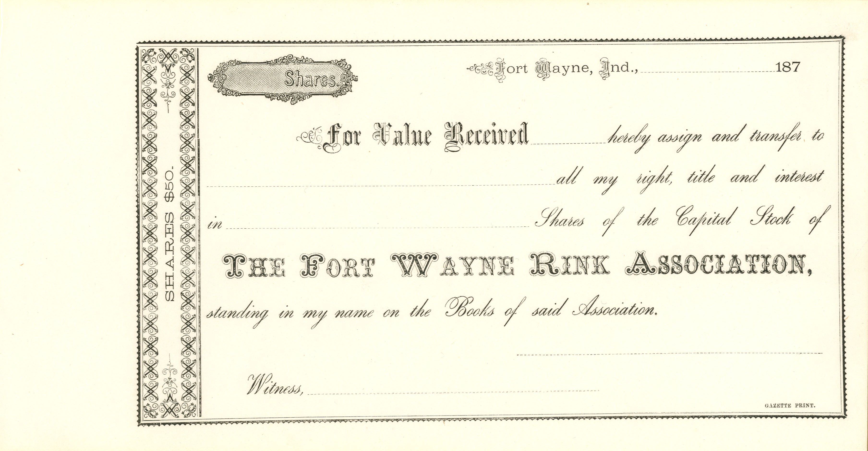 Fort Wayne Rink Association - Stock Certificate