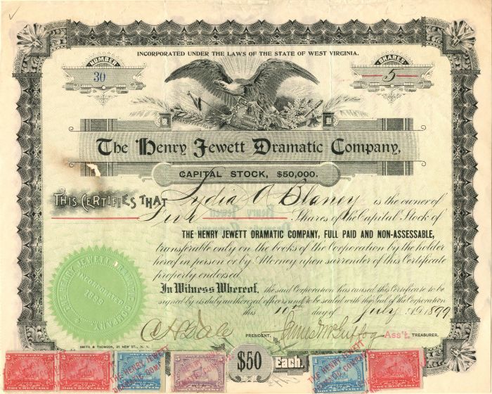 Henry Jewett Dramatic Co. - Stock Certificate