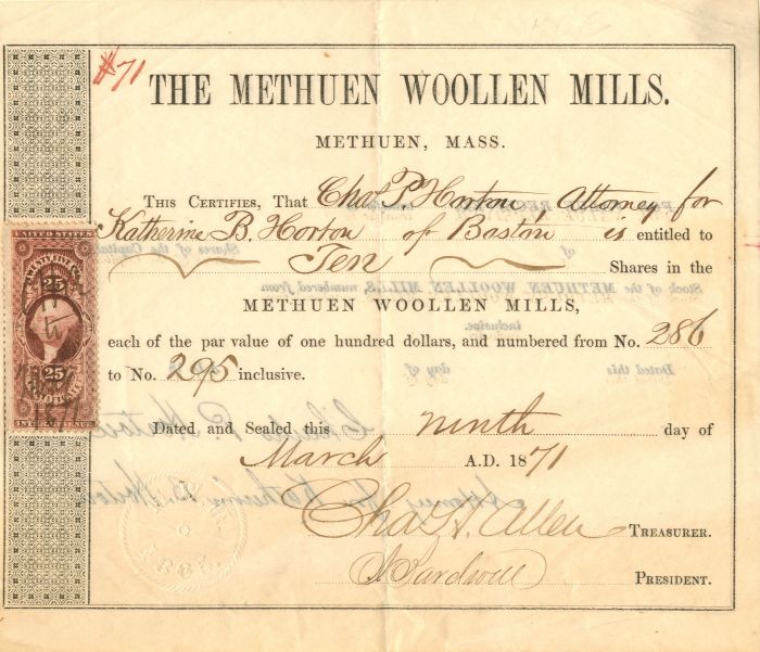 Methuen Woollen Mills - Stock Certificate
