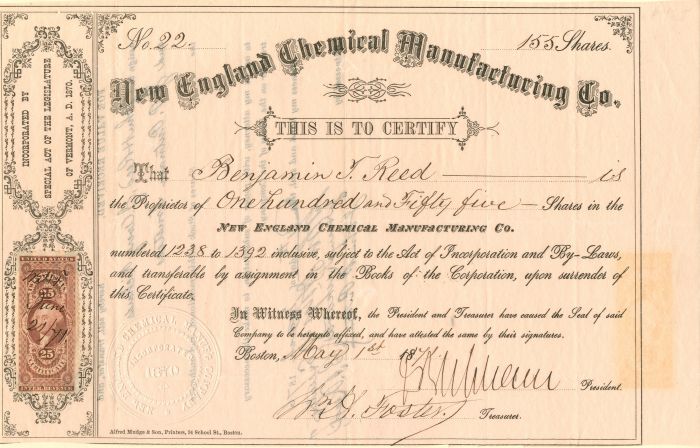 New England Chemical Manufacturing Co. - Stock Certificate