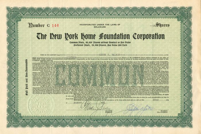 New York Home Foundation Corporation - Stock Certificate