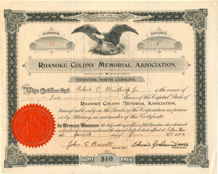 Roanoke Colony Memorial Association - Stock Certificate
