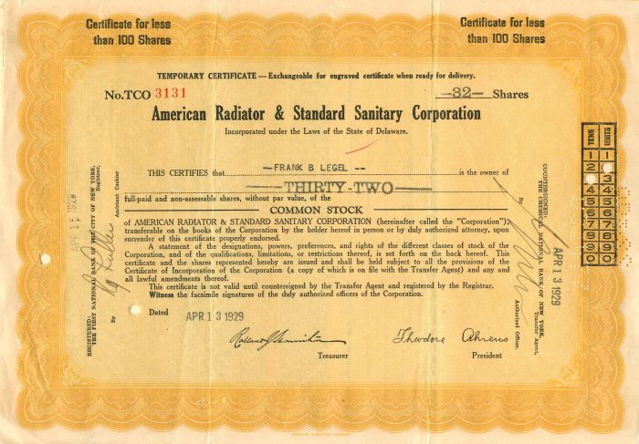 American Radiator and Standard Sanitary Corporation - Stock Certificate