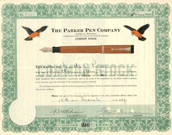 Parker Pen Co. signed by George Safford Parker - Autograph Stock Certificate