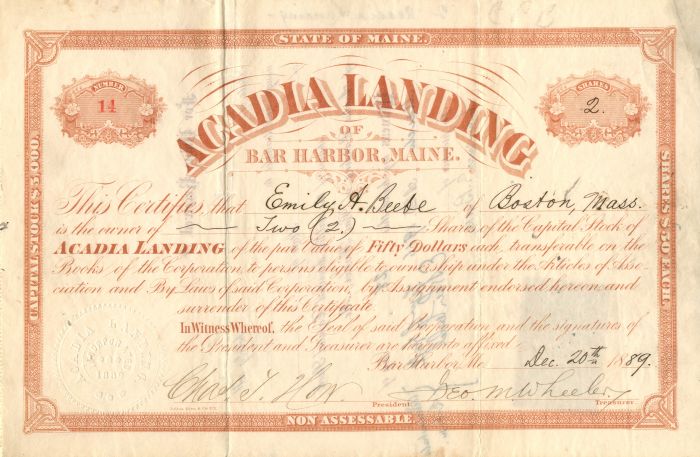 Acadia Landing of Bar Harbor, Maine - Stock Certificate