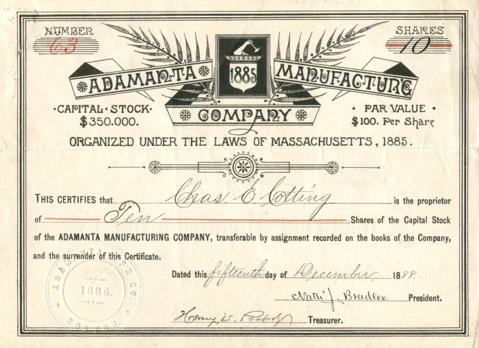 Adamanta Manufacturing Co. - Stock Certificate