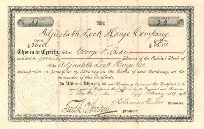 Adjustable Lock Hinge Co. - Stock Certificate