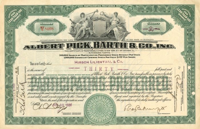 Albert Pick, Barth and Co. Inc. - Stock Certificate