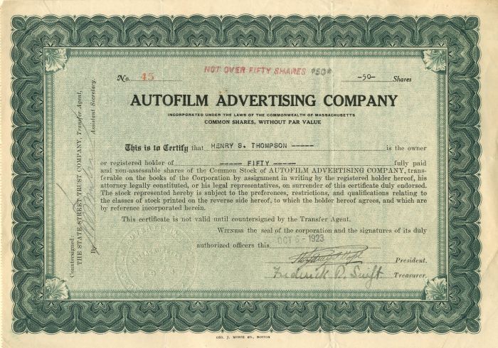 Autofilm Advertising Co. - Stock Certificate