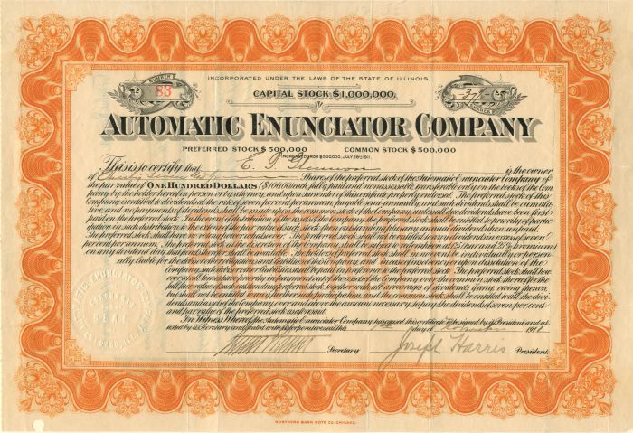 Automatic Enunciator Co. - Stock Certificate