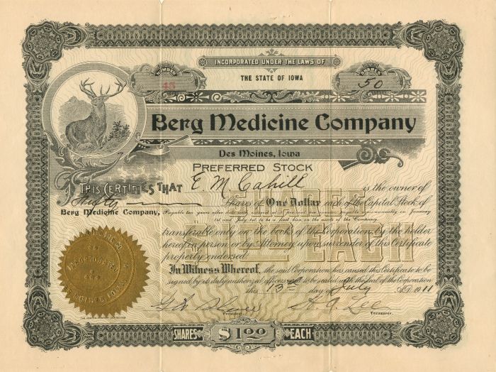 Berg Medicine Co. - Stock Certificate
