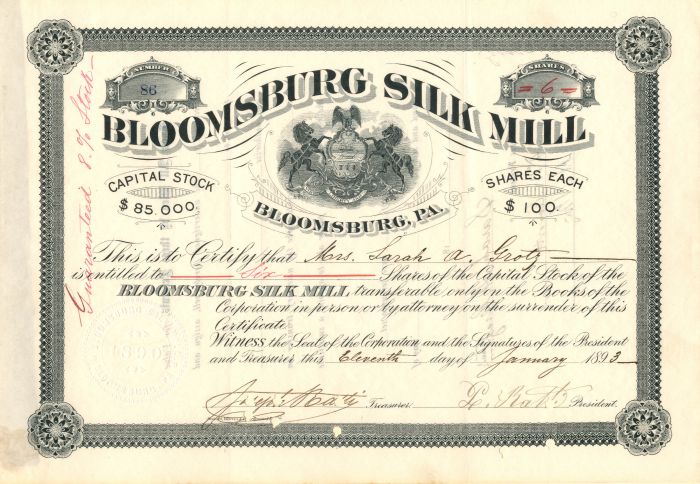 Bloomsburg Silk Mill - Stock Certificate