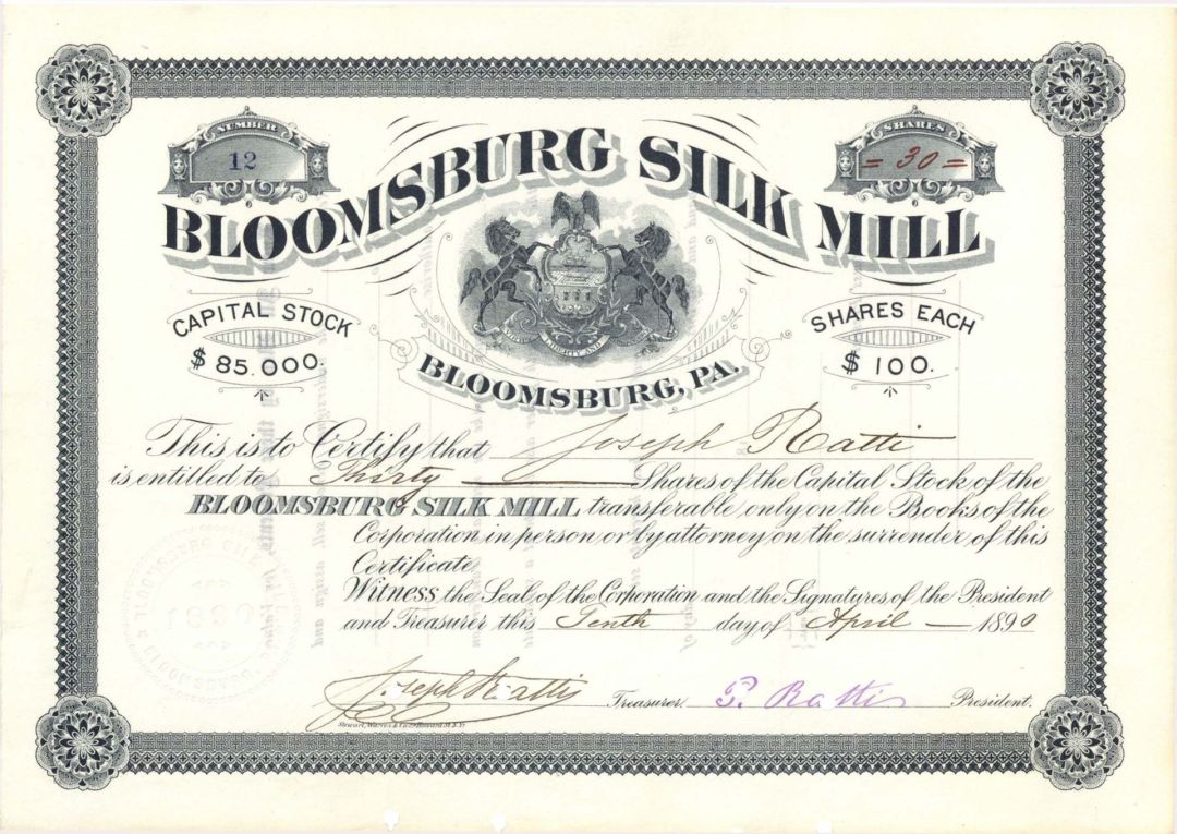 Bloomsburg Silk Mill - 1890-1893 dated Stock Certificate