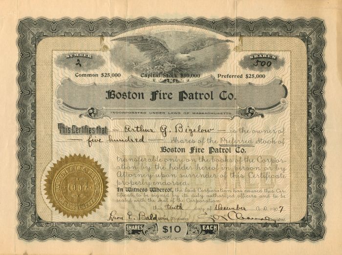 Boston Fire Patrol Co. - Stock Certificate