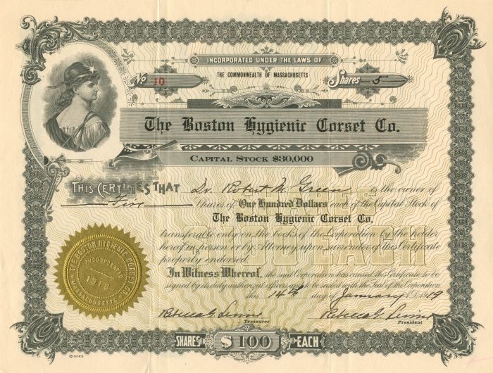 Boston Hygieneic Corset Co. - Stock Certificate