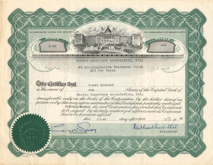 Boston Repertory Association, Inc. - Stock Certificate