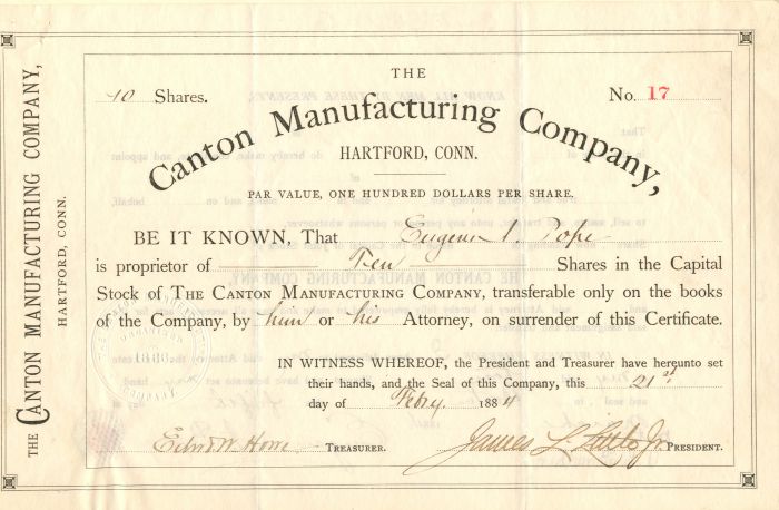 Canton Manufacturing Co., Hartford, Conn. - Stock Certificate